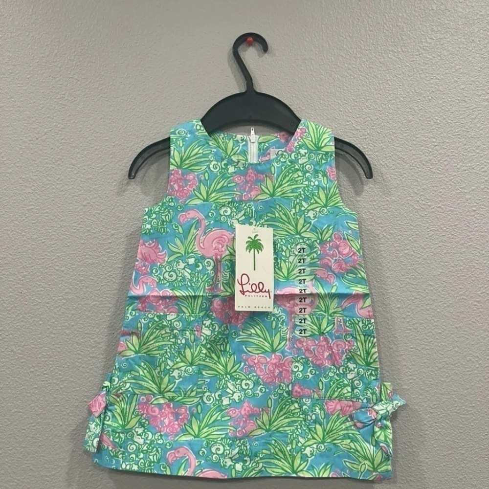 NWT White Label Lilly Pulitzer Flamingo Pink Green Shift Dress Size 2 & 6t
